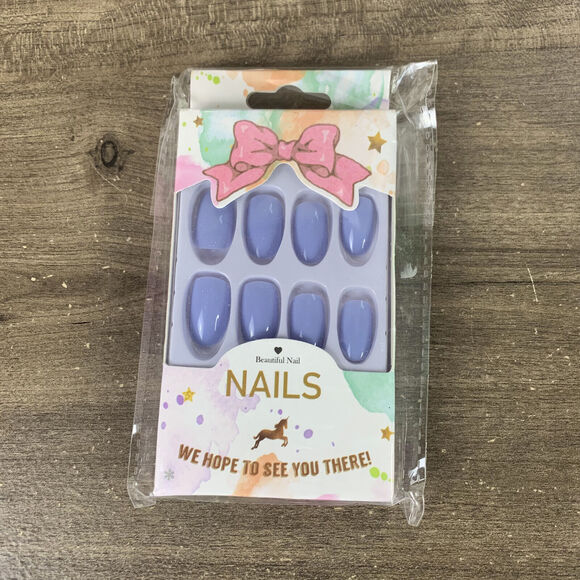 Blue Glossy Long Tapered Coffin Press On Nails Fake False 24 Pc Nail Set - Picture 5 of 8